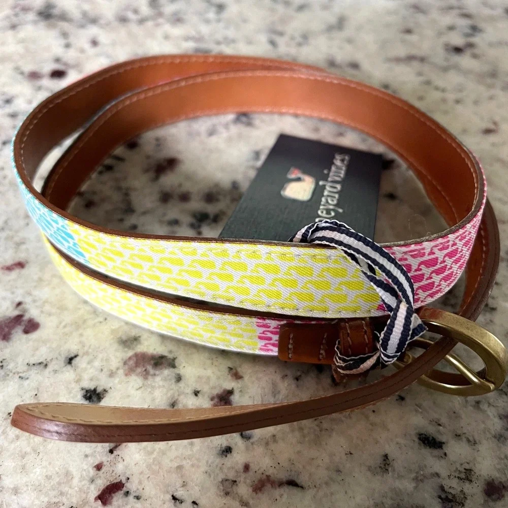 Vineyard Vines Silk Belt Women M Patchwork Neon Whale Preppy Leather Buckle Slim
